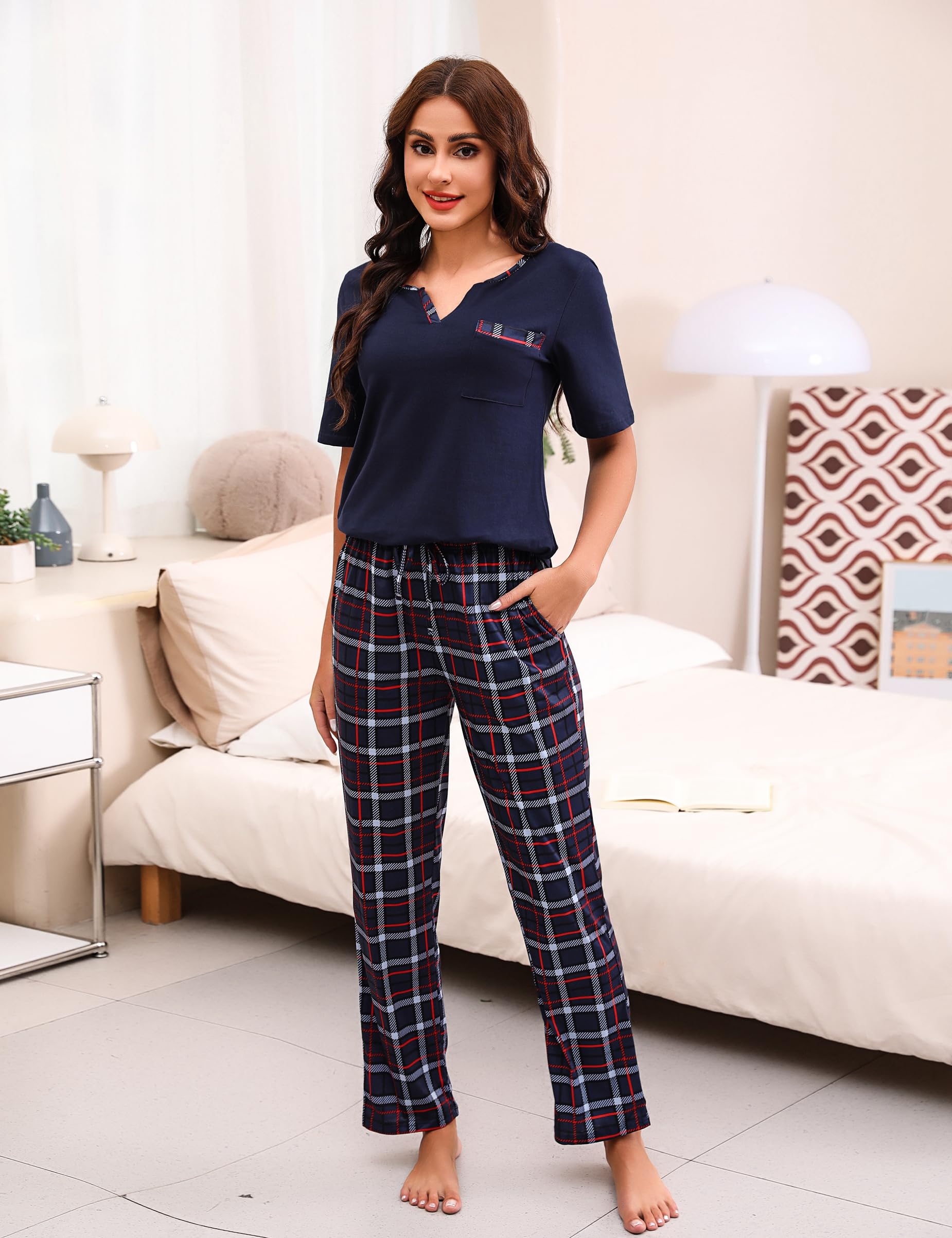 Bresdk Pigiama Donna Cotone Manica Corta Pigiami Due Pezzi da Donna Morbido e Leggero Pantaloni a Quadri Set Pigiama da Notte Estivo Lungo