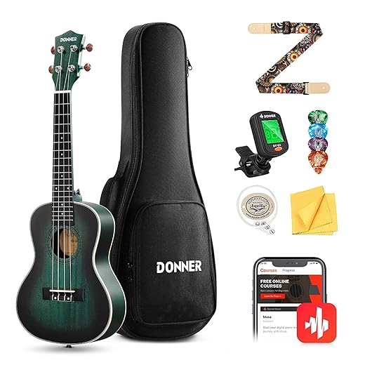 Donner Concert Ukulele Professional 23 Inch Mahogany Ukelele for Adult Beginner Ukele Bundle with Online Lesson Gig Bag Aquila String Pick Tuner Strap Cloth DUC-200B Drak Green
