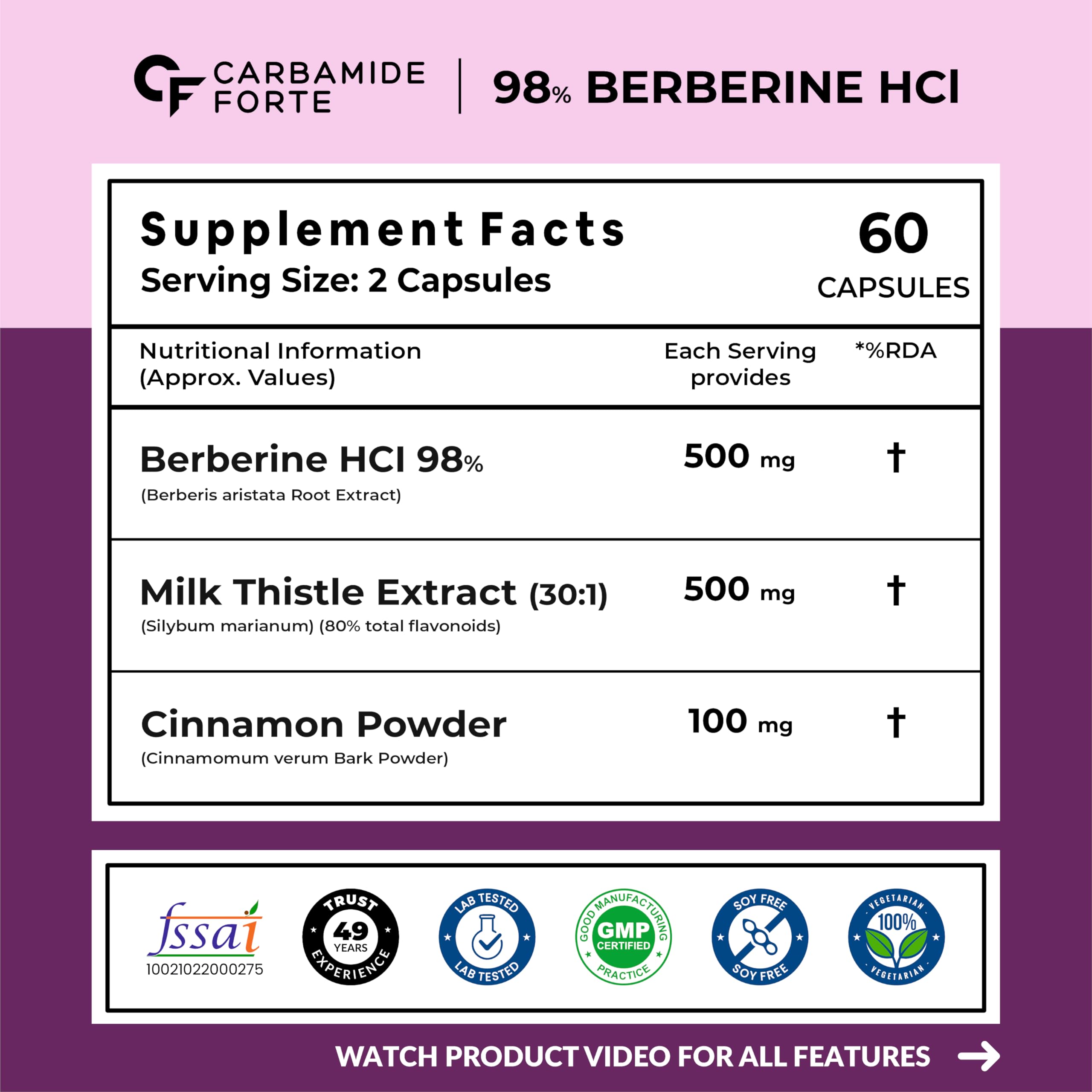 Carbamide Forte 98% Berberine supplements with Milk Thistle | 1000mg Berberine HCl per Serving for Metabolism, Digestion, Liver Detox & Immunity Support | High Potency Berberine HCl – 60 Veg Capsules — Amazon image 2
