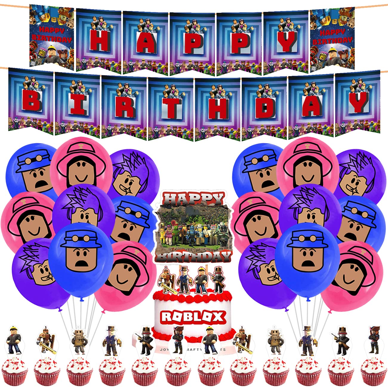 32 Piece  Roblox  Themed Party Accessories - simyron  Roblox  Birthday Decoration Set, Banner & Balloons Cupcake Topper for Children's Birthday,  Roblox  Decorations Party Supplies Birthday Decor