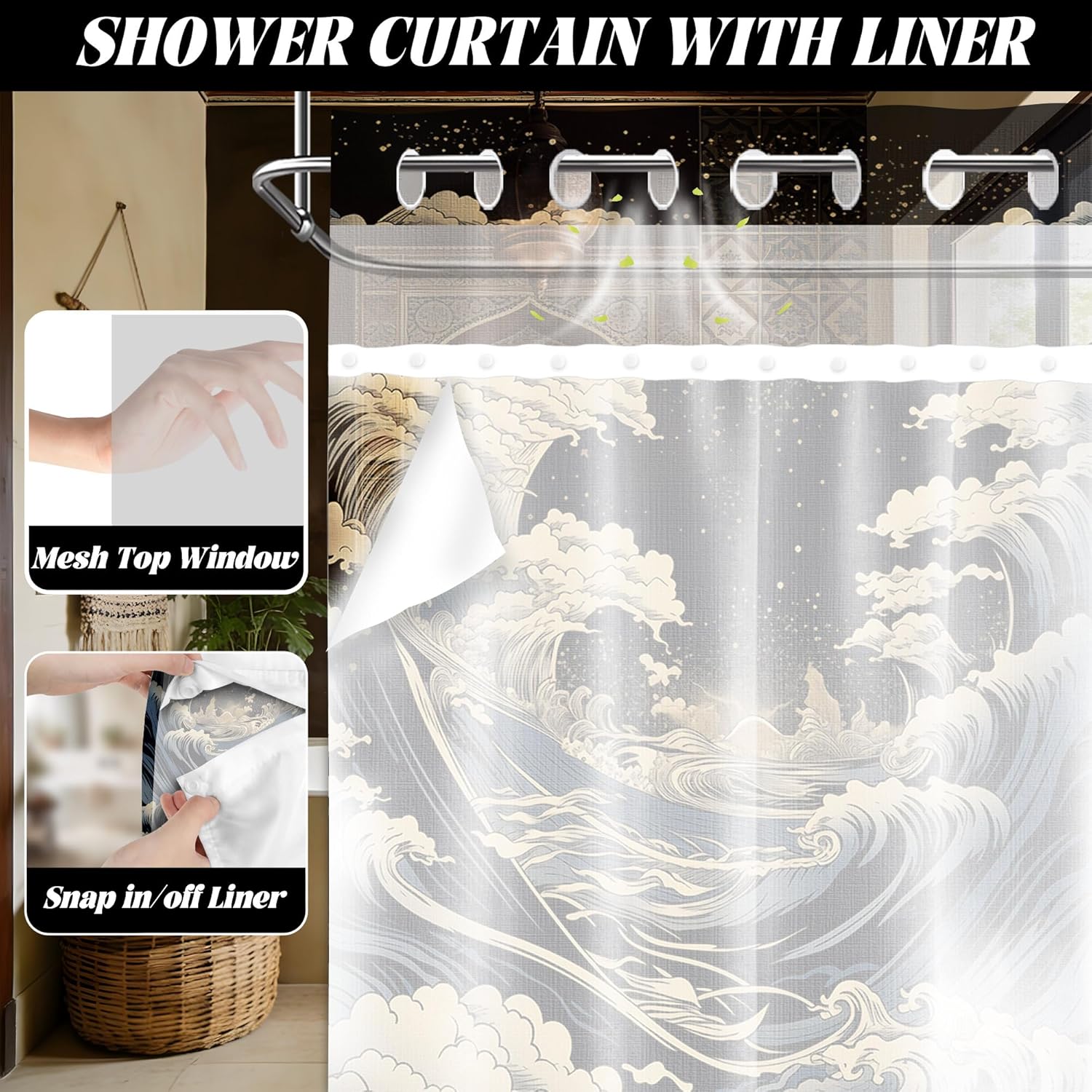 Anime Hookless Shower Curtain with Snap in Liner, Japanese Great Waves No Hook Double Layer Shower Curtain and Liner Set, Ringless with Window Waterproof Cloth Fabric, 71" W x 74" L