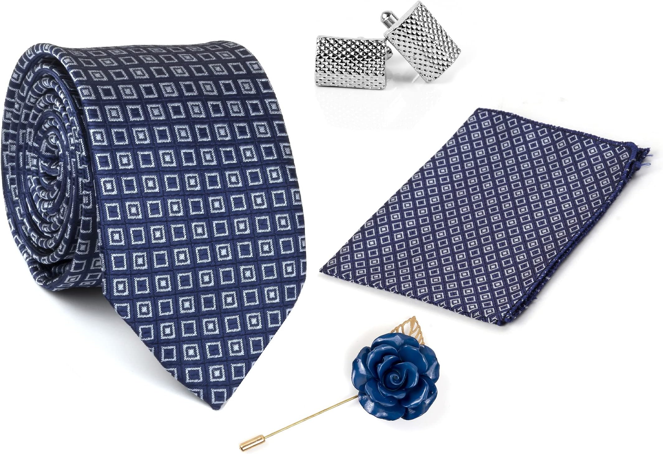 Men's Necktie, Pocket Square, Lapel Pin and Cufflink Set 3 inch width, 58 inch length 1735 TLPC Blue
