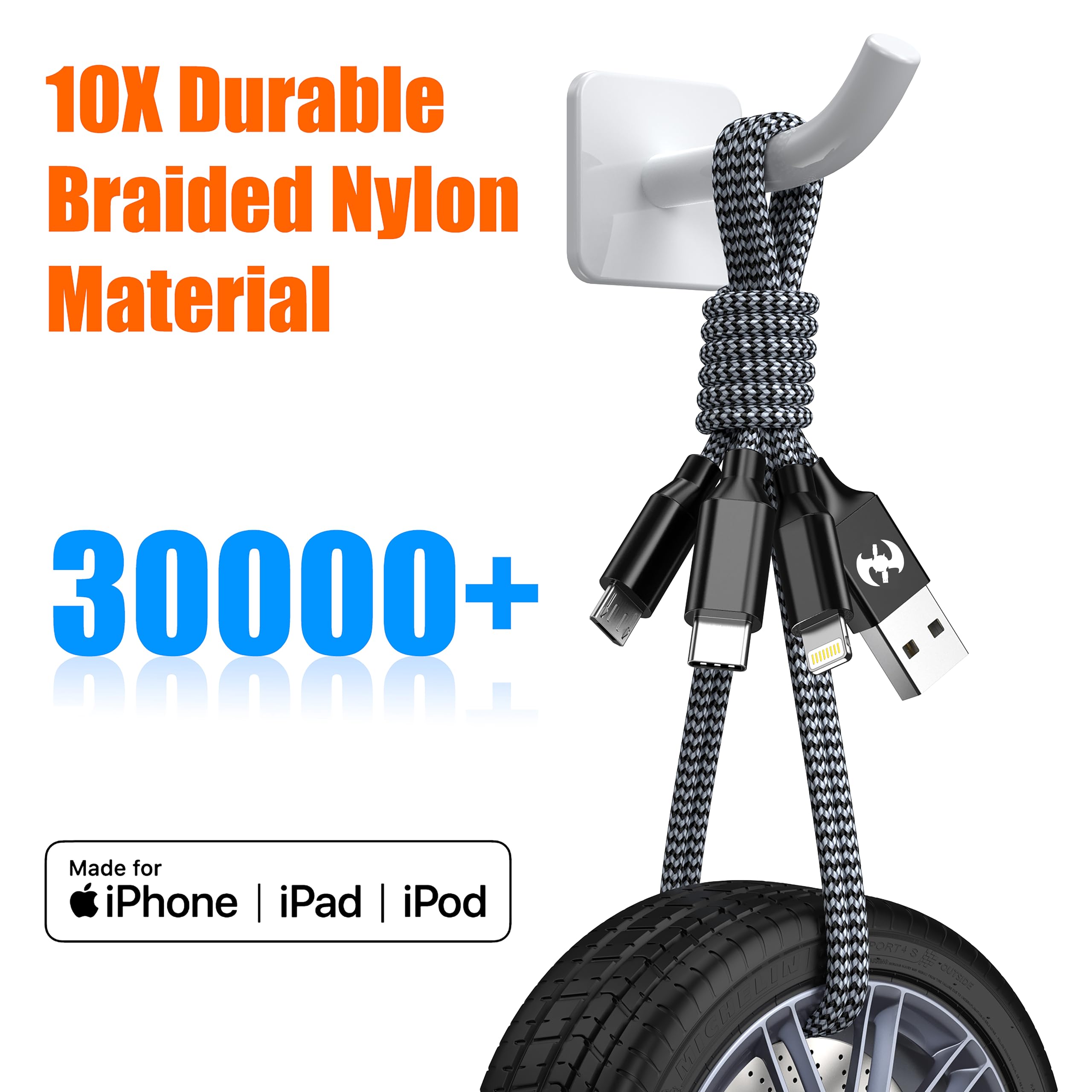Cavo di ricarica multiplo (1,8 m, 2 pezzi) USB 3 in 1 multi cavo di ricarica per iPhone, certificato Apple MFi, in nylon intrecciato, cavo veloce USB con micro USB di tipo C, per la maggior parte dei