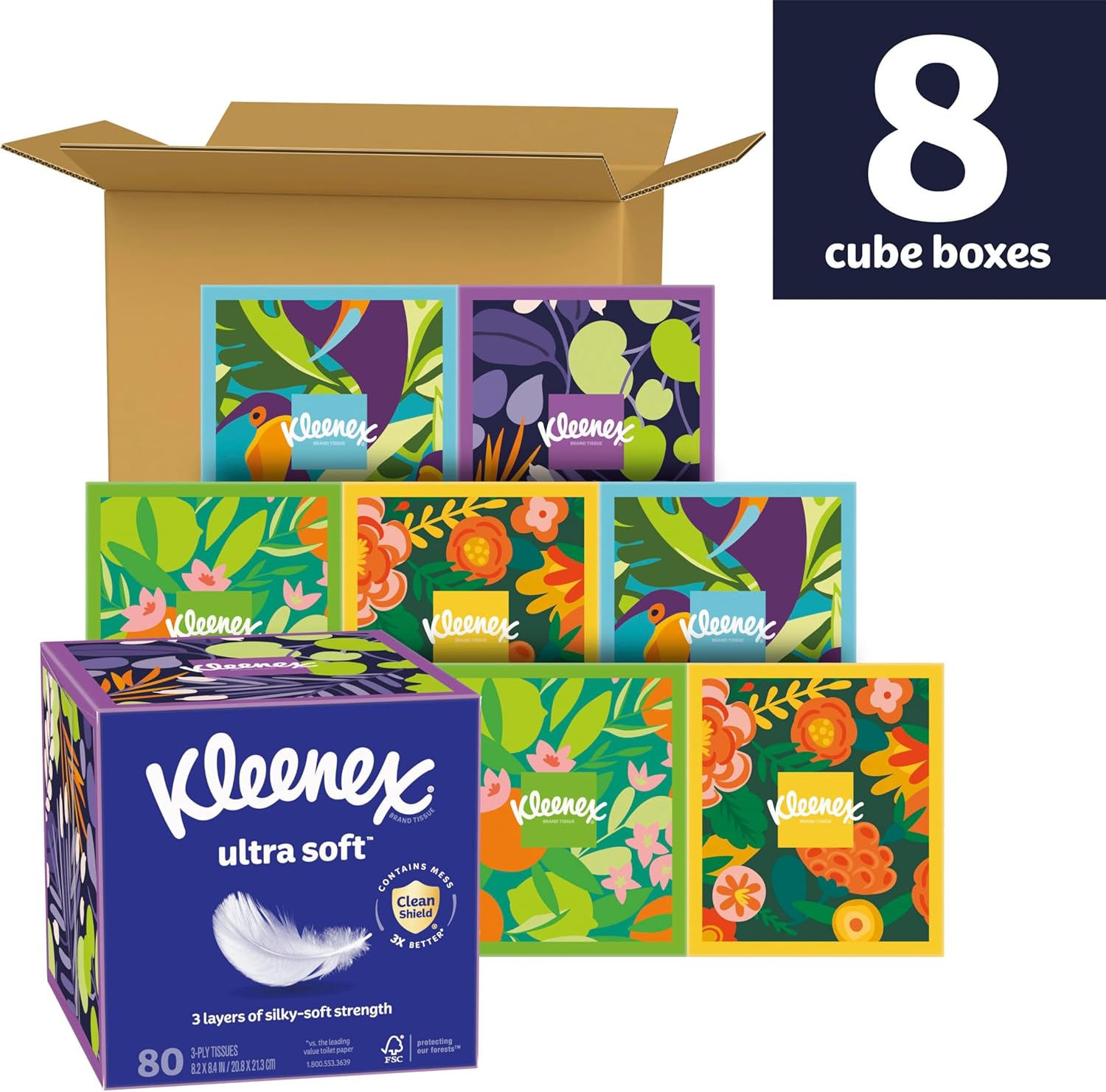 Kleenex Ultra Soft Facial Tissues, 8 Cube Boxes, 80 Tissues per Box, 3-Ply, Packaging May Vary White 80 Tissues (Pack of 8)
