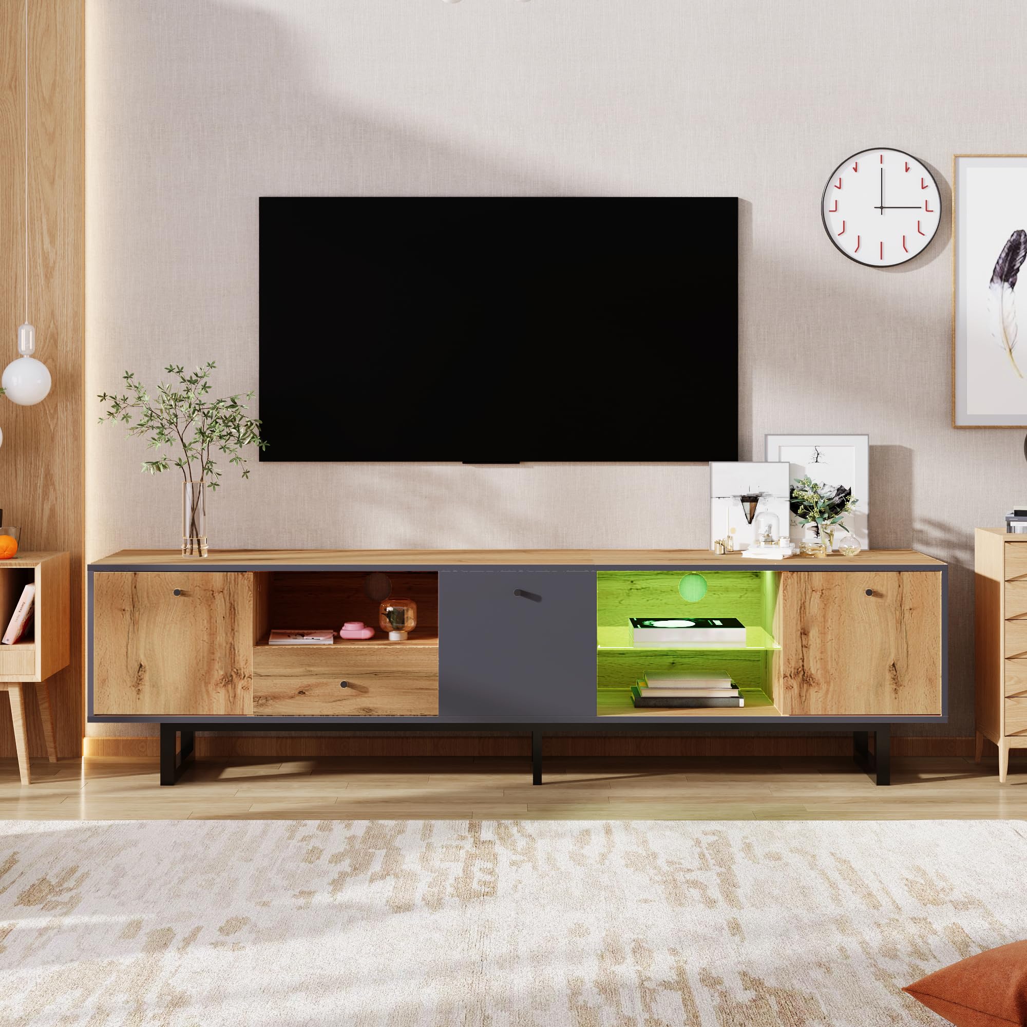 ModernLuxe TV Stand Cabinet with LED Light Effect, 3 Doors, 3 Open Compartments & 1 Drawer, Glass Divider, Soft-Close Hinges, Wood Grey Black Design, TV Unit for Living Room, 190 × 40 × 50 cm
