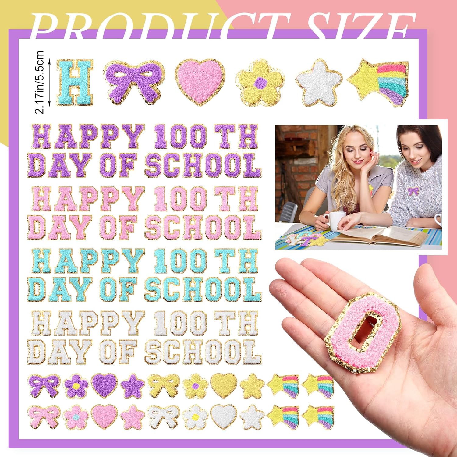 Yungyan 104 Pcs 100 Day of School DIY Shirt Letter Patches Chenille Self-adhesive for Teacher Backpack Cloth Preppy Embroidery Sticker Cute Star Heart Rainbow Patch Craft Hat Iron on Activity Supplies