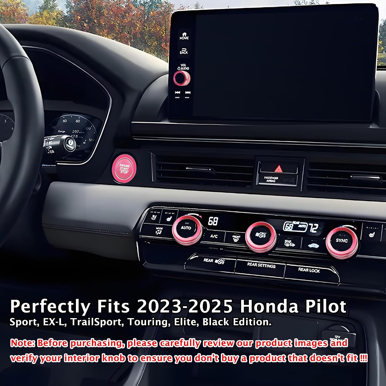 for Honda Pilot Accessories 2023-2025, 6pcs Aluminum Alloy Trim Knob Covers Kit - Push Start, Air Conditioning & Volume Tune (Pink)