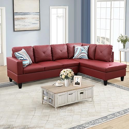 NicBex L Shaped Couch Sectional Couch Morden Sofas for Living Room Faux Leather Sofa Bed Couch with Chaise and Back Cushions for Reception Room and Apartment, Dark Red