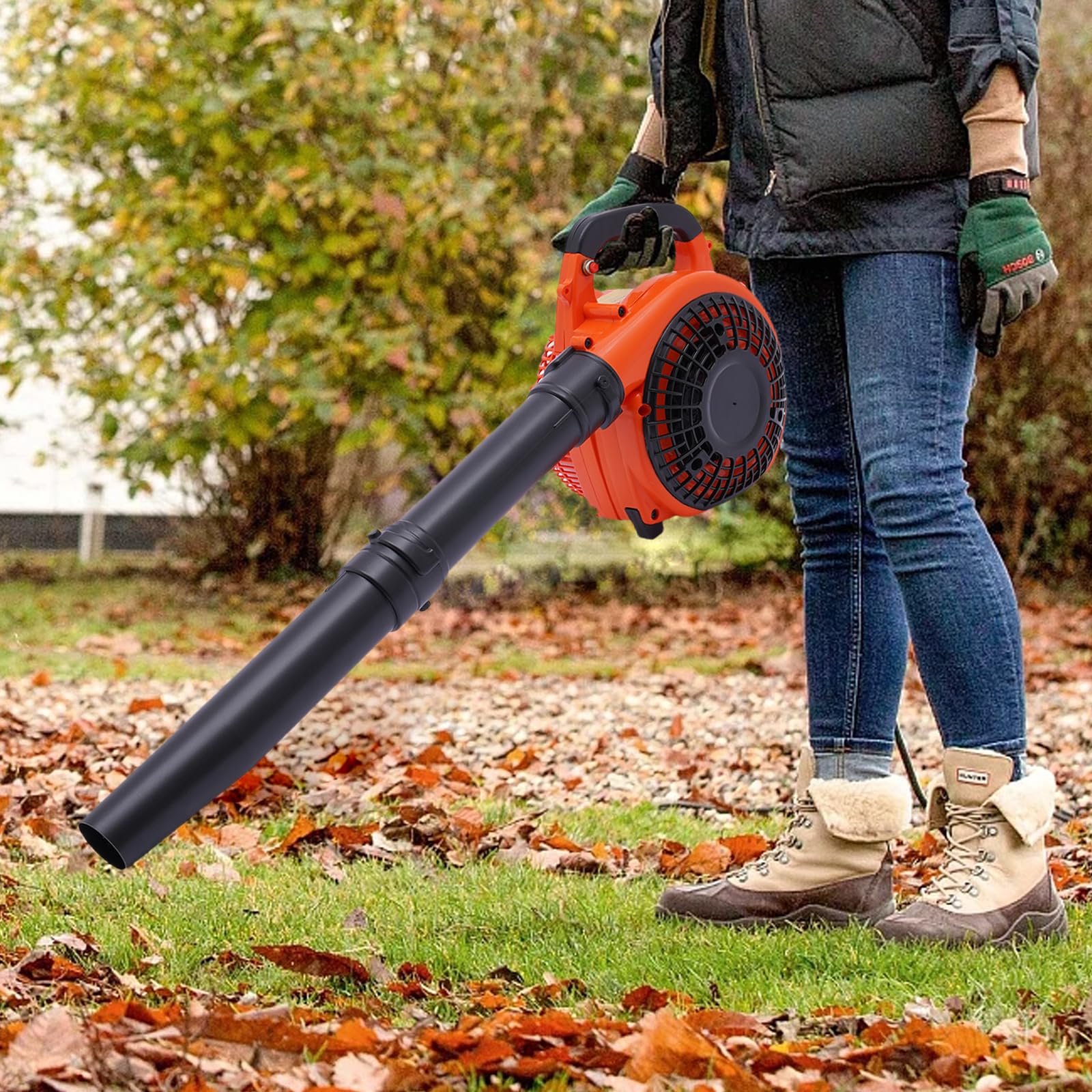 Soplador de hojas de gasolina, soplador de hojas de mano, motor de 2 tiempos, 0,75 kW, 7500 rpm, depósito de 0,9 L, 3,75 kg, dispositivo de mano con 2 tubos de soplado, para limpieza de jardín, patio