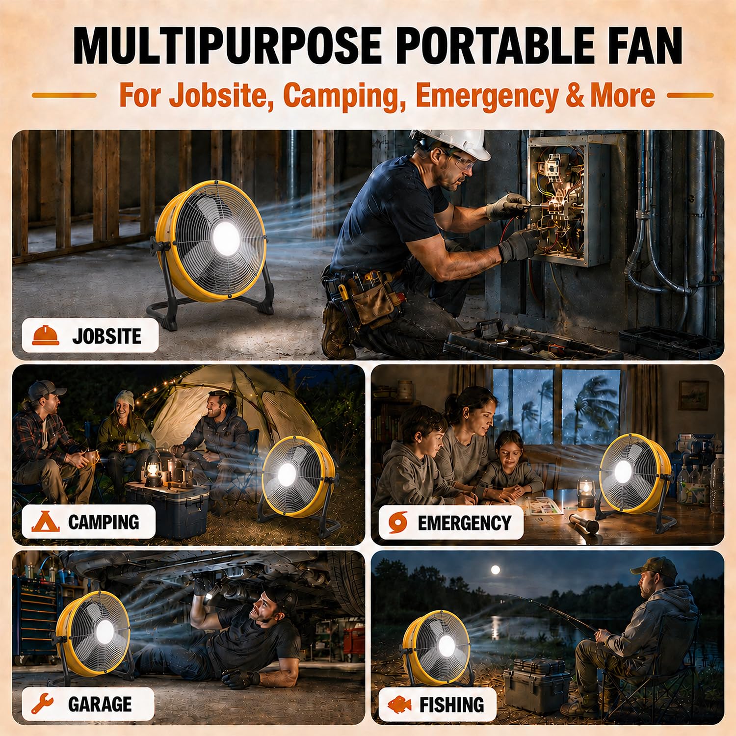 T-SUN Wiederaufladbarer Bodenventilator, 30,5 cm, kompatibel mit Dewalt 18 V/20 V Akku-Ventilator mit LED-Licht, USB-Typ-C-Anschluss, stufenlose Geschwindigkeiten, kabelloser Industrieventilator für