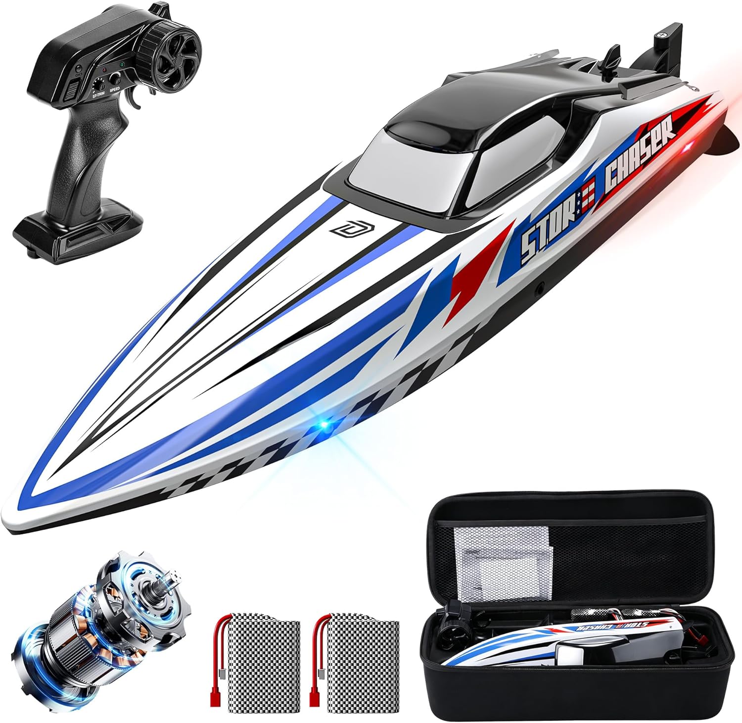 DEERC 16" Brushless RC Boat for Adults, Hobby Grade 35+ KPH Remote Control Racing Boat with 3S Power, Self-Righting, Metal Drive Shaft, 2 * 2000mAh Batteries and Carrying Case for Lakes and Pools