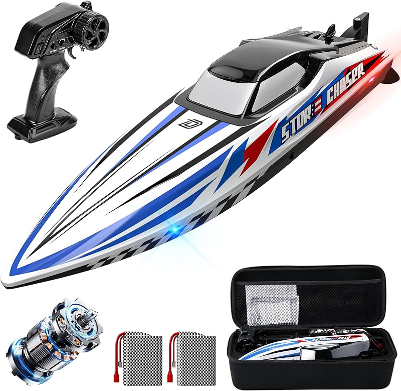 DEERC 16" Brushless RC Boat for Adults, 35+ KPH, Self-Righting, 2 Batteries | 3S Power, Capsize Recovery, Carrying Case, Hobby Grade Remote Control Racing Boat for Lakes and Pools, Metal Drive Shaft