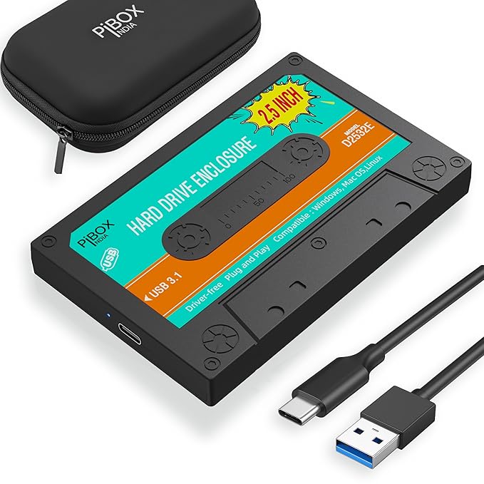PiBOX 2.5 inch Hard Drive Enclosure Type c Retro Casette, PiBOX India 6Gbps USB 3.1 to SATA III Tool-Free External Hard Drive Enclosure for 7mm/9.5mm 2.5" SSD Laptop HDD with UASP