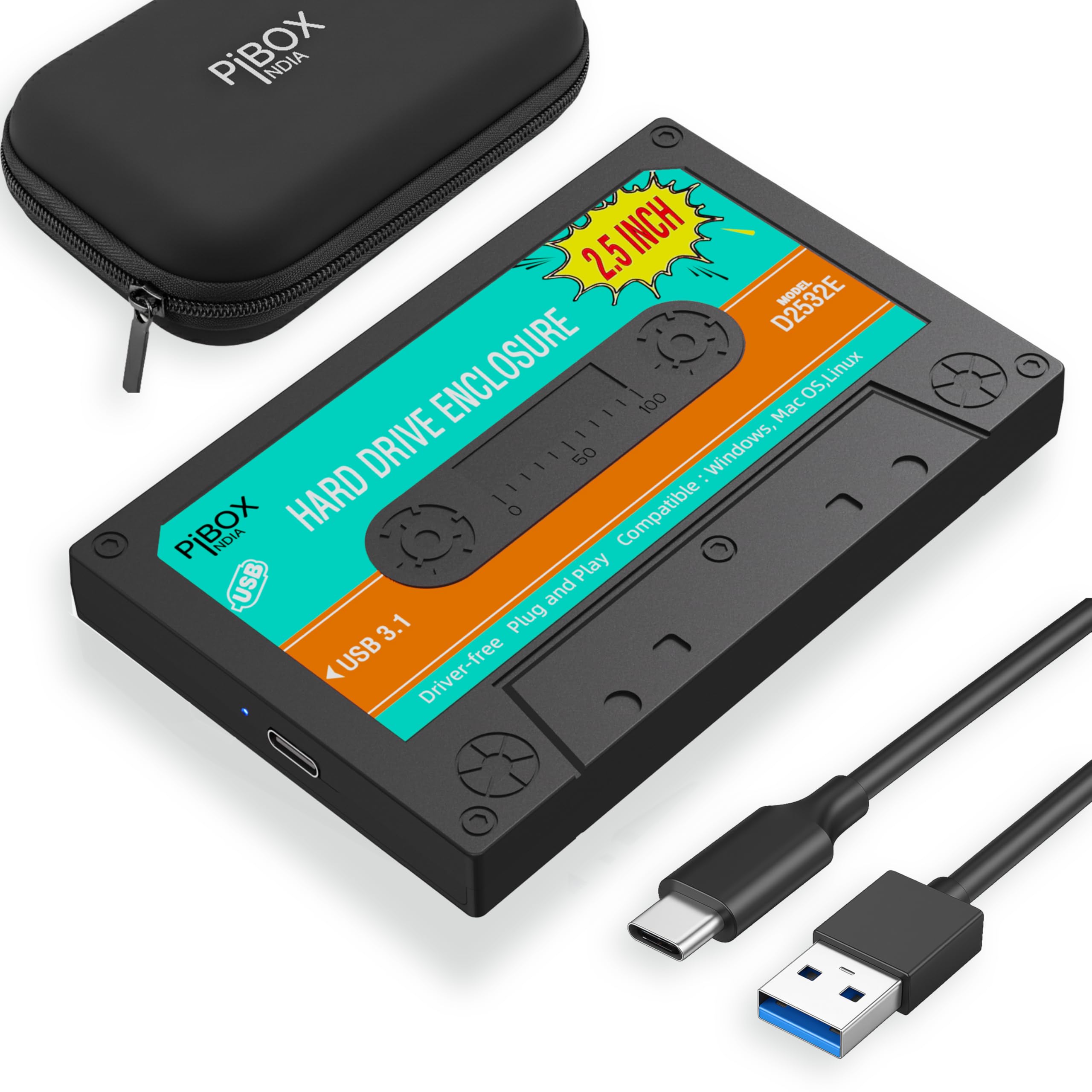 PiBOX 2.5 inch Hard Drive Enclosure Type c Retro Casette, PiBOX India 6Gbps USB 3.1 to SATA III Tool-Free External Hard Drive Enclosure for 7mm/9.5mm 2.5" SSD Laptop HDD with UASP-image-19