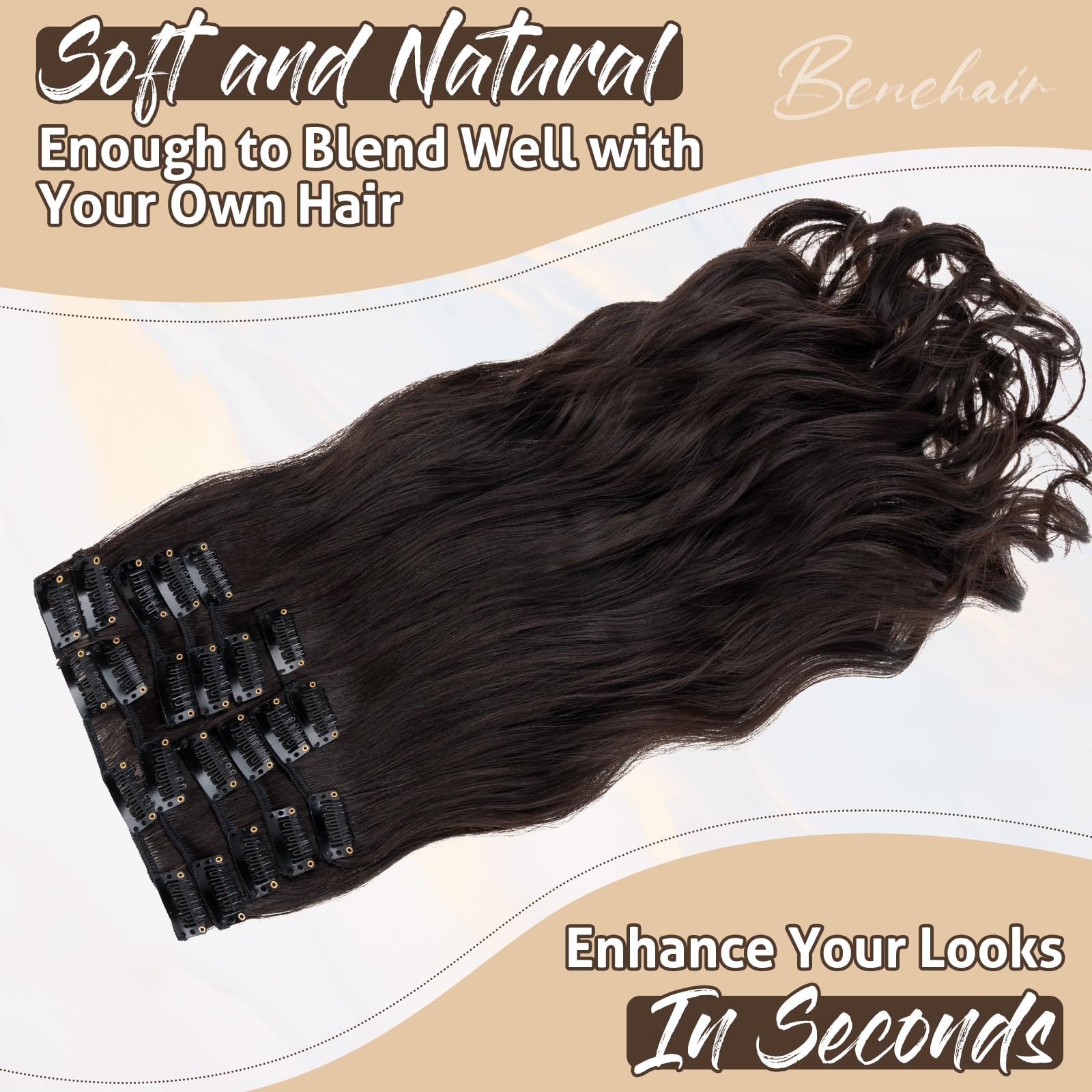 Benehair 22" Clip in Hair Extensions 12 Pcs Long Curly Wave Hair Extensions Clip in Full Head Synthetic Fiber Dark Brown Hair Piece for Women Girls(Dark Brown - Image 3