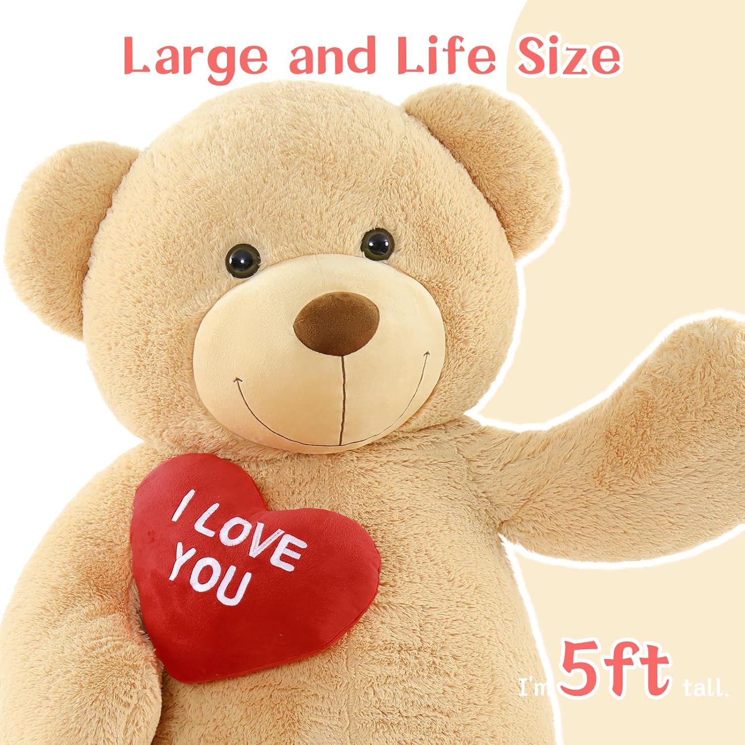 Tezituor Giant Teddy Bear Stuffed Animal 5Ft with Heart, Large Brown I Love You Bear Plush Toys for Kids Gift for Girlfriend