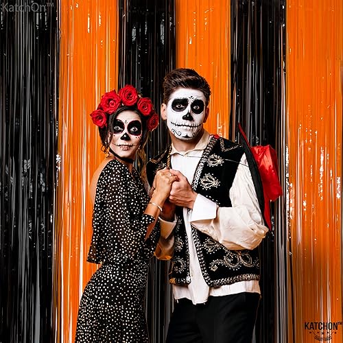 Miniatura 6 de KatchOn, Cortina de flecos de papel de aluminio negro y naranja, extragrande, paquete de 16 | Pancarta de globos de feliz Halloween, serpentinas