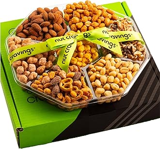 Valentines Day Mixed Nuts Gift Basket + Green Ribbon Classic (7 Assortments, 1 LB) Treats for Adults, Food Arrangement, Healthy Snack Care Package, Kosher