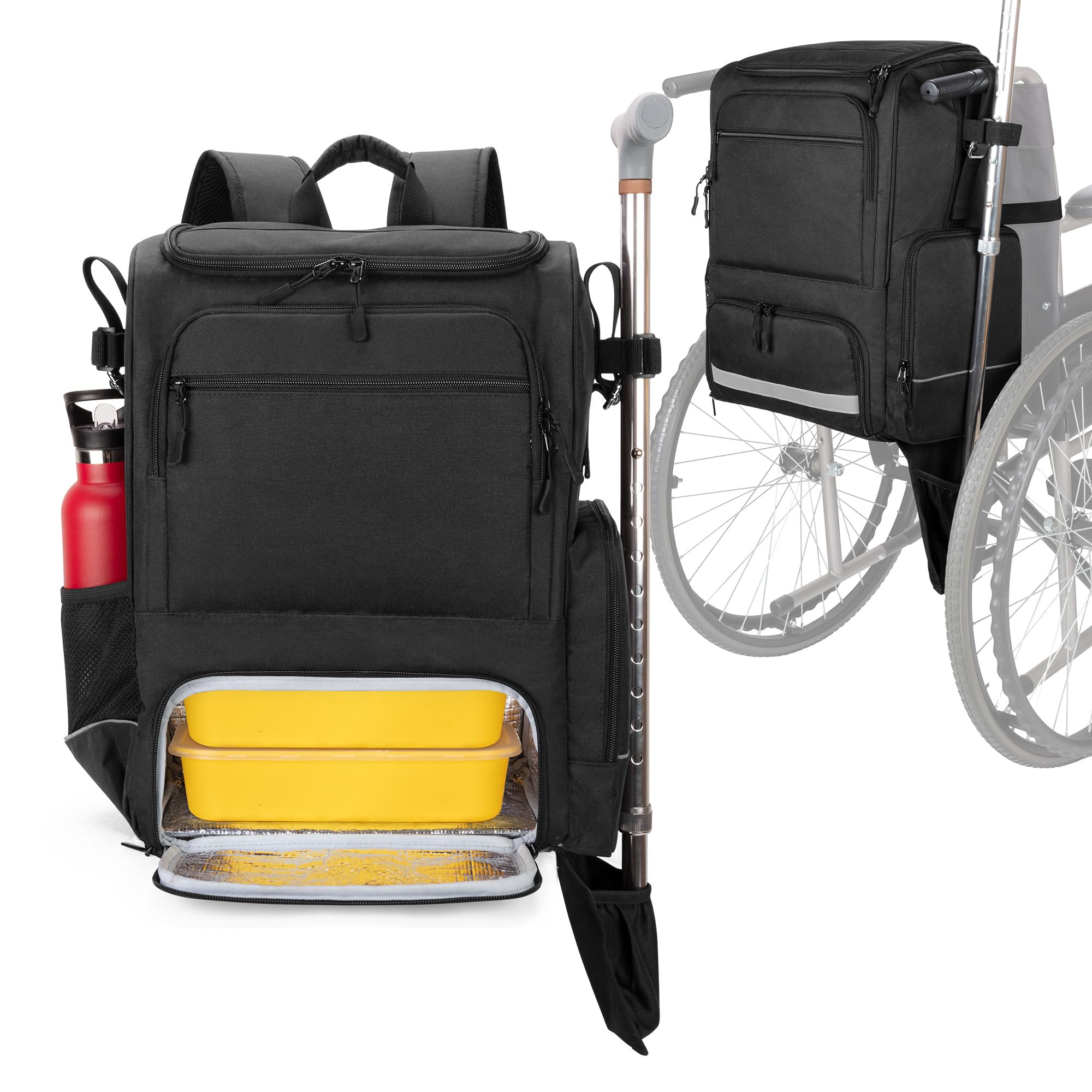 samdew Sac à Dos à Double Compartiment pour Fauteuil Roulant | Sacs pour Fauteuil Roulant avec Poches Isothermes pour Médicaments Et Repas, et Poches pour Accessoires et Béquilles