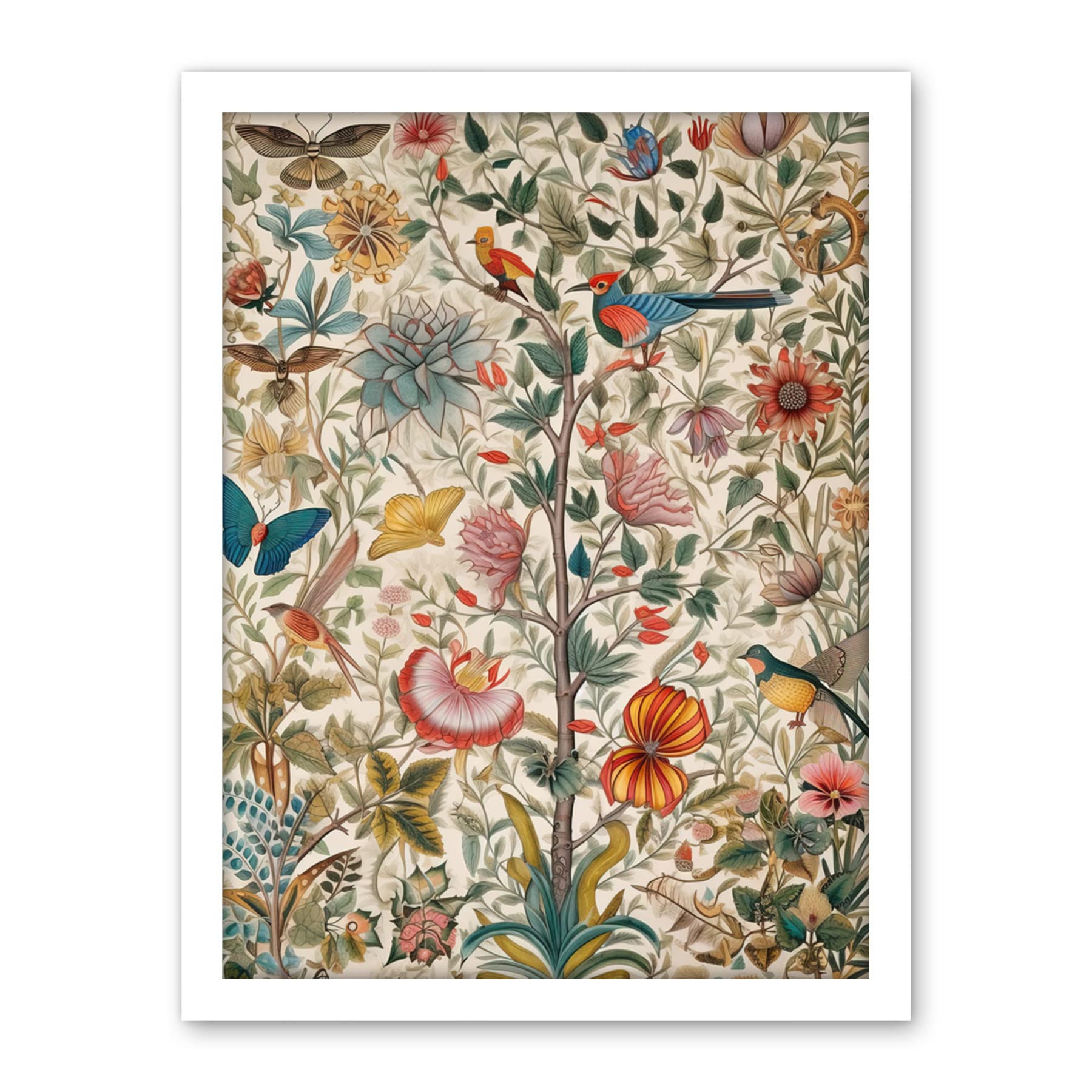 Artery8 Butterflies And Flower Plants Pattern Folk Art Watercolour Painting Artwork Framed Wall Art Print 18X24 Inch