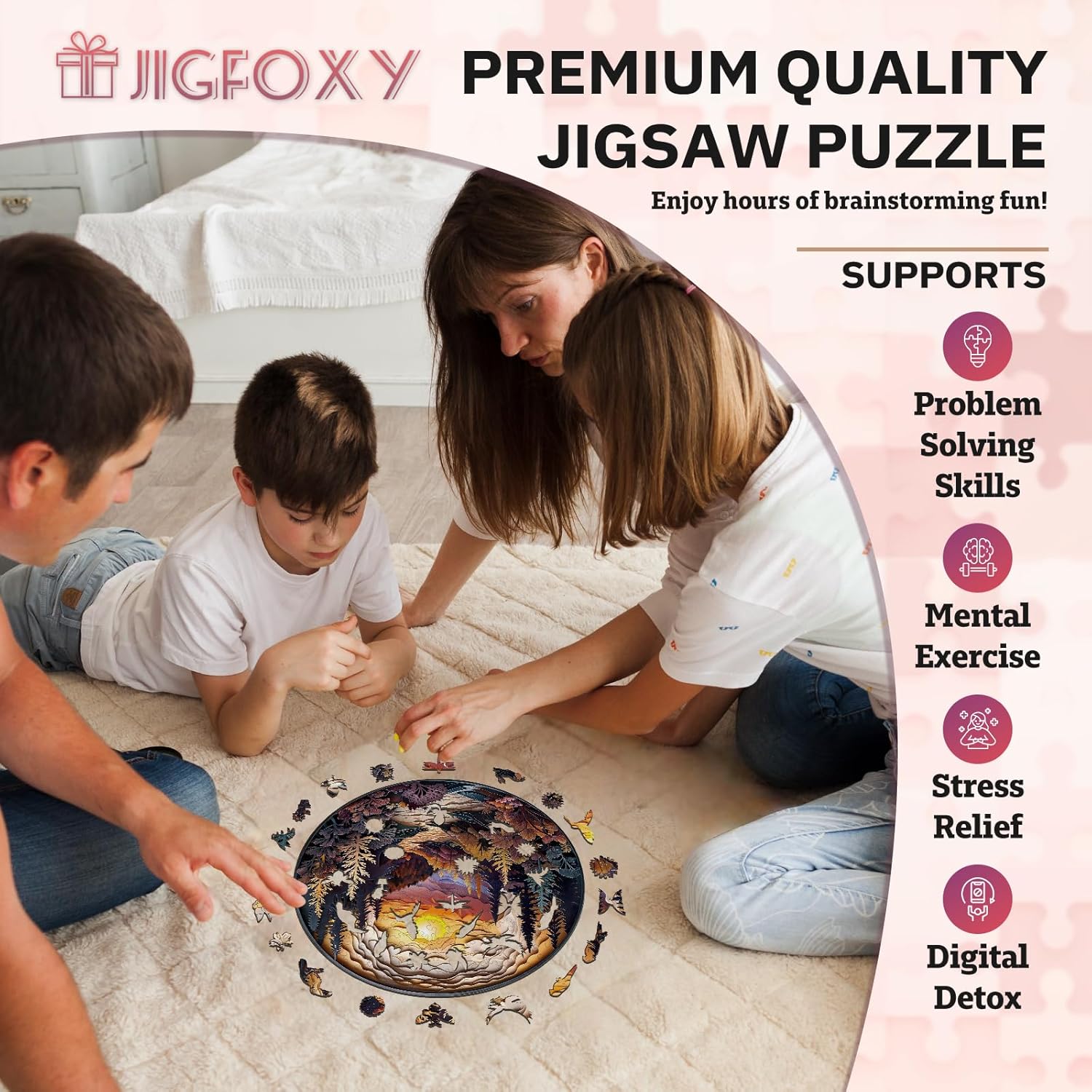 Jigfoxy Wooden Puzzles for Adults, Visual 3D Sunset Forest Wood Puzzles Adult, Unique Animal-Shaped Wooden Jigsaw Puzzles, Christmas Thanksgiving Gifts for Family and Friends (S-8.5 * 8.5in-100pcs)