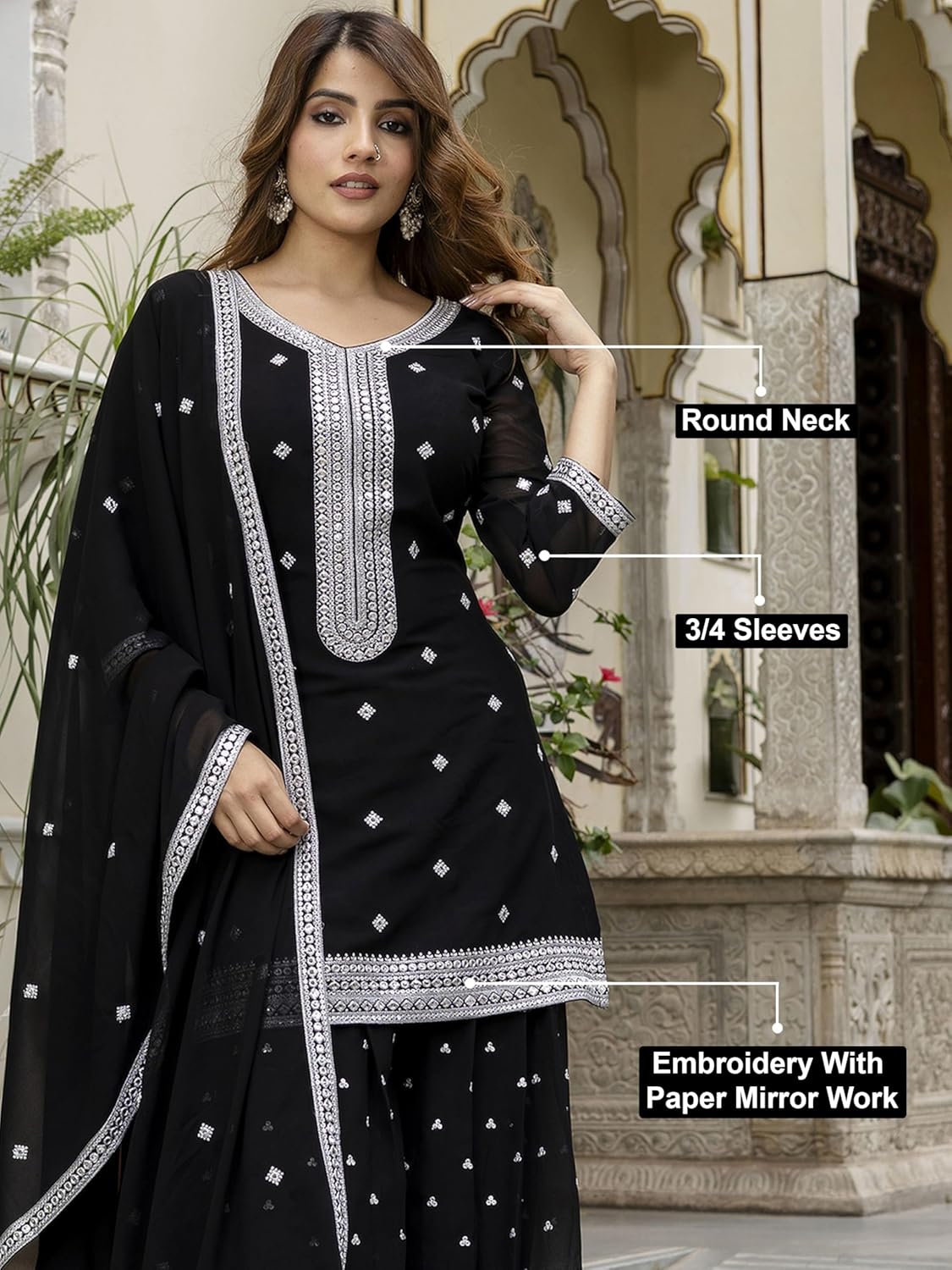 TRENDMALLS 女性用 ジョーゼット 刺繍作品 クルタ パラッツォ セット ドゥパッタ クルタ セット 女性用