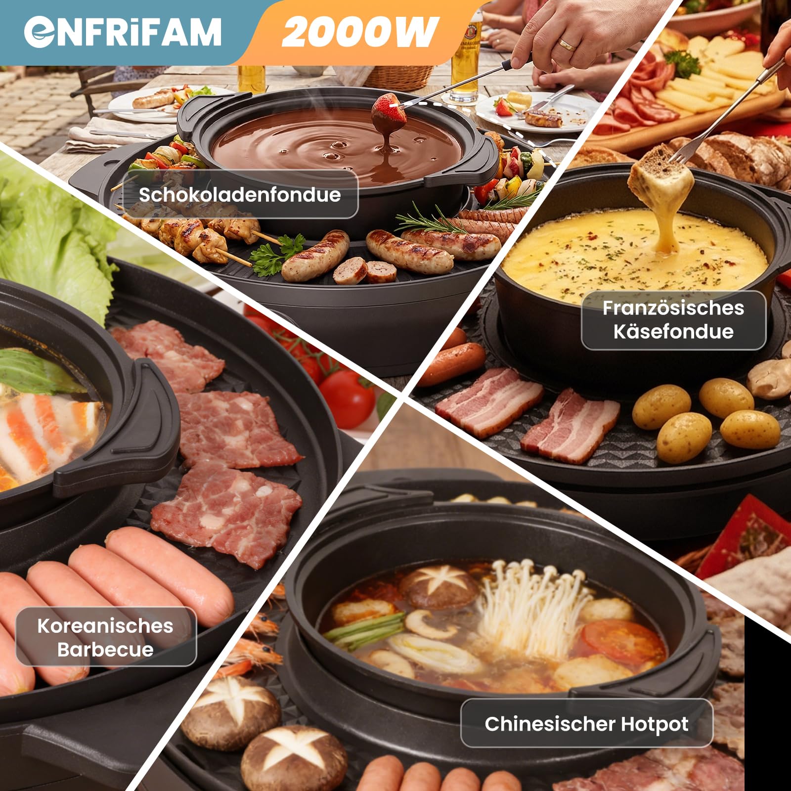 Elektryczny garnek 2 w 1, 2000 W, elektryczny garnek i grill, grill elektryczny 2 w 1, równomierne ogrzewanie z niezależnym (39 cm – zdejmowane garnki do zupy)
