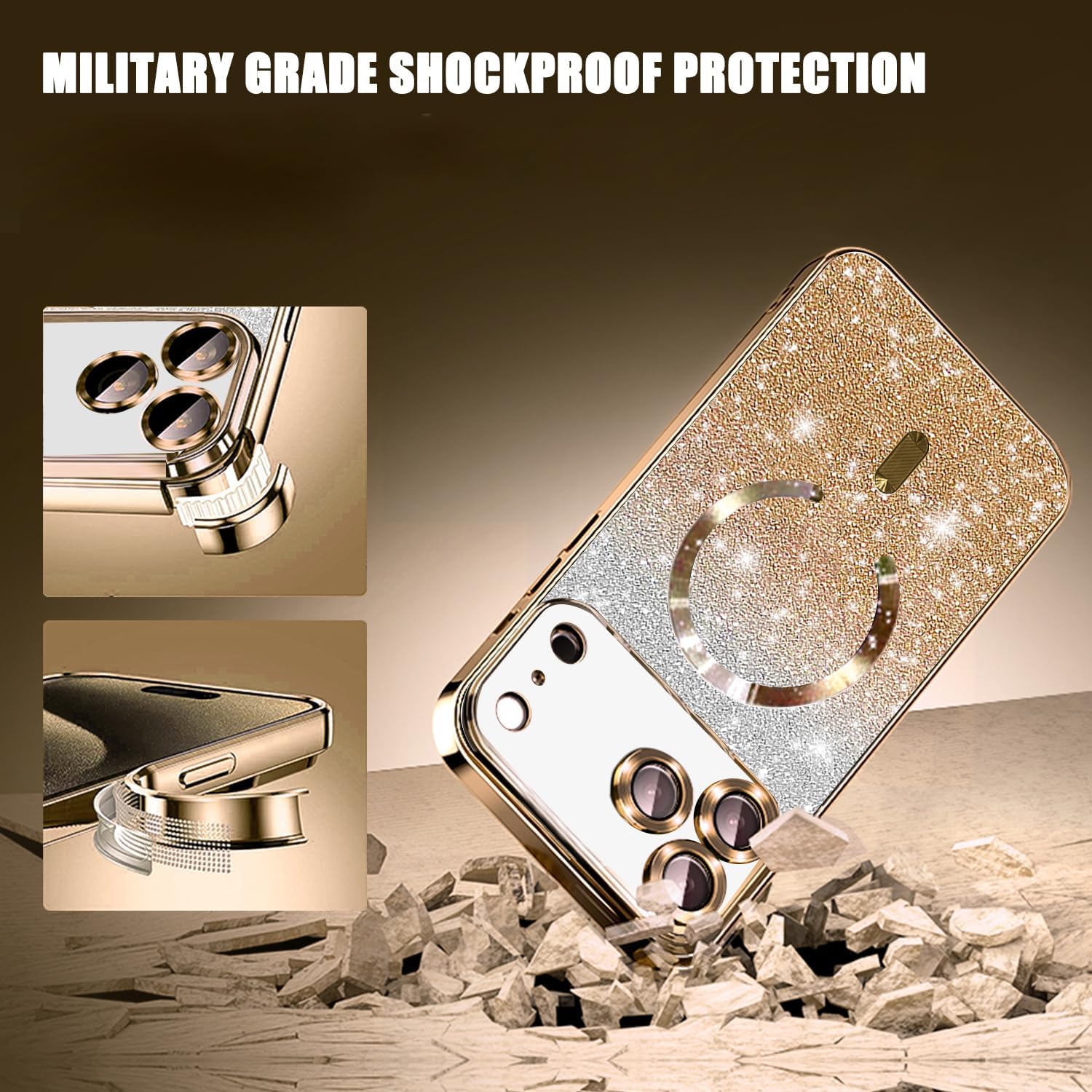 Misscase for iPhone 17 Pro Case Compatible with MagSafe,Built-in Camera Lens Protector Full Protection Soft TPU Anti-Scratch Anti-Fingerprint Magnetic Glitter Slim Case Cover 6.3 inch Gold - Image 4