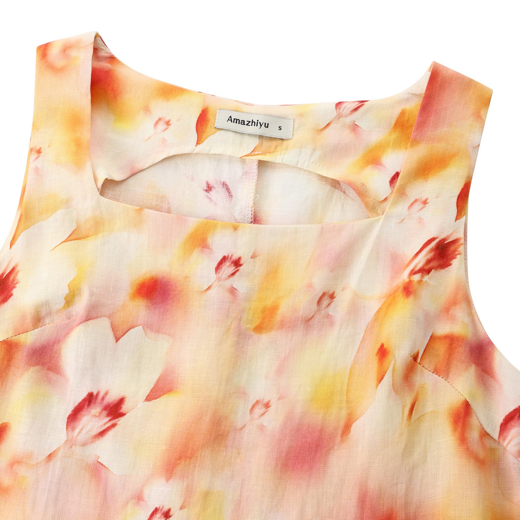 Amazhiyu Vestido de lino para mujer, de verano, corto, sin mangas, mini vestido de flores