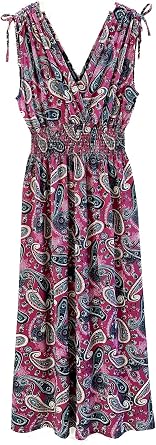 Plum Feathers Casual Smocked Dress, Exotic Print Maxi/Midi Dress, V Neck, Plus & Regular Sizes, Maternity/Nursing Dresses
