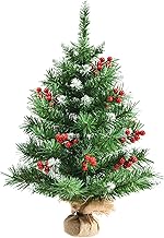 KOMFOTTEU Artificial Mini Christmas Tree, Table Christmas Tree with Pine Cones & Branch Tips, Small Christmas Tree with LED Lights for Table, Green (Green with Red Berries, 60 cm)