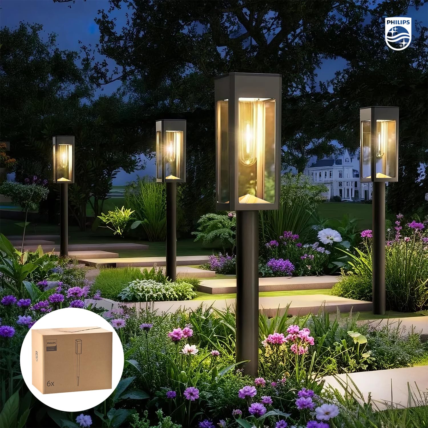 Philips Solarleuchten für Wege – Beleuchtung für Landschaftsgärten, Garten, aus Glas und Metall, 3000 K, warmweiß, wasserdicht, für Dekoration von Hof, Auffahrt, Terrasse, Driveway, Rasen, 6 Stück