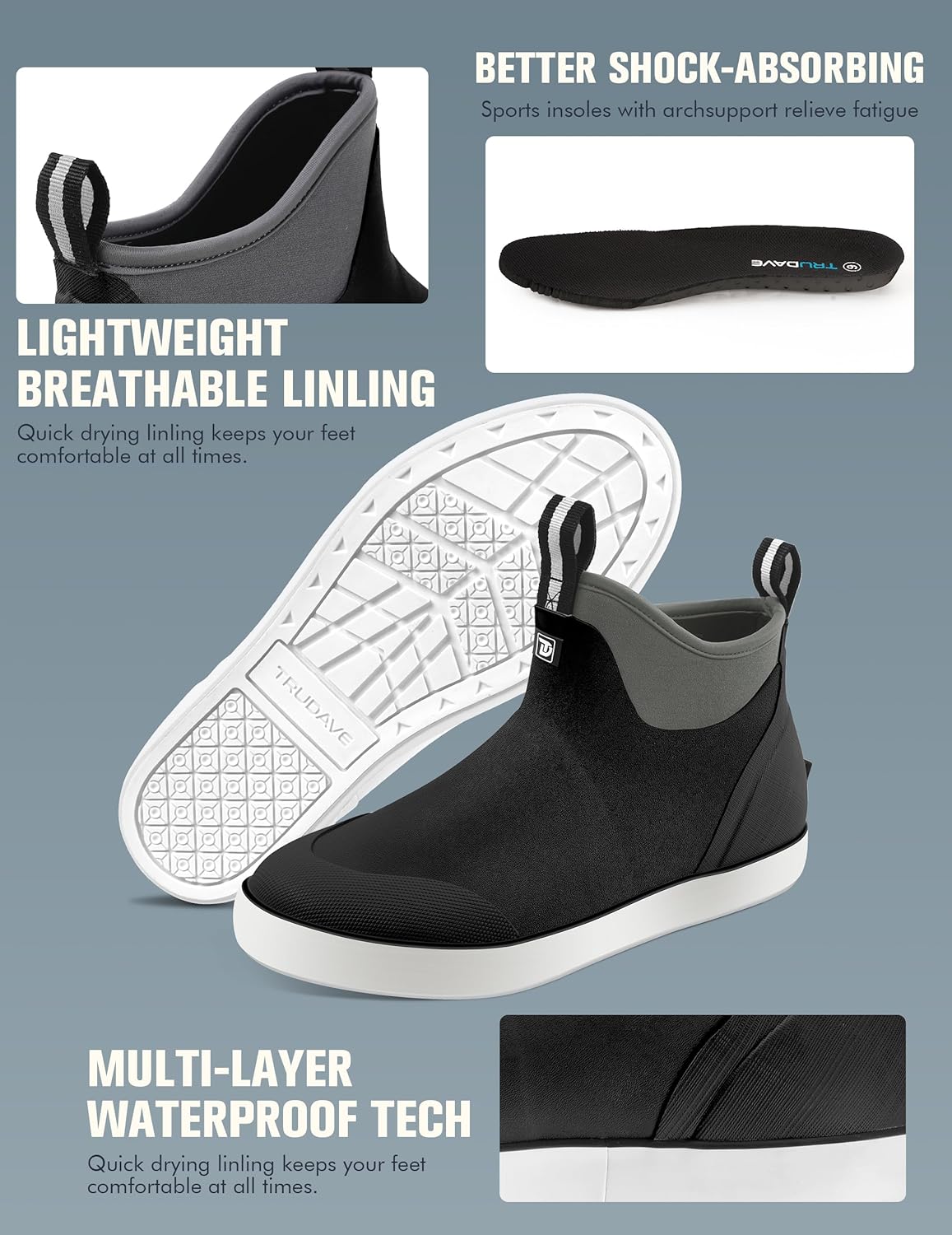 Trudave Deck Boots for Men, Waterproof Rain Boots with High Traction, Slip On Saltwater Fishing Boots Neoprene Rubber Ankle Boots for Boating Sailing - Image 4