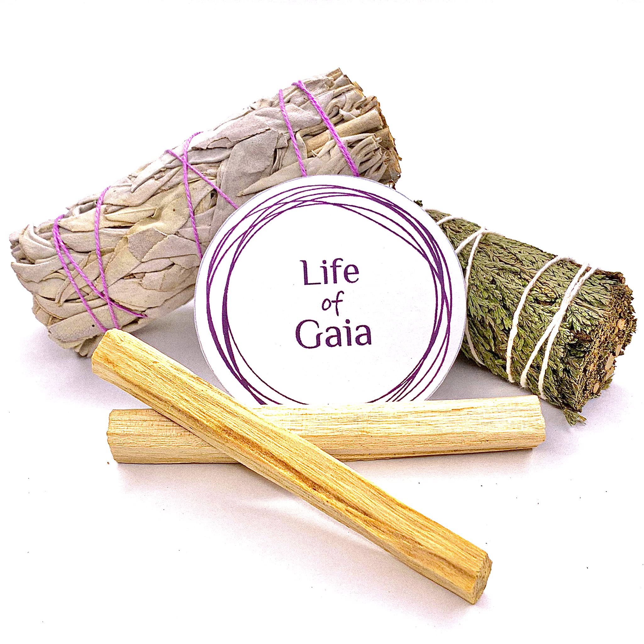 LIFE OF GAIA Sage Sticks Trio. Sage Bundle, Palo Santo Sticks & Cedar Smudge.