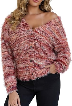 QIANXIZHAN Womens Fuzzy Cardigan, V Neck Knit Button Cardigans Fall Outfits for Women 2025