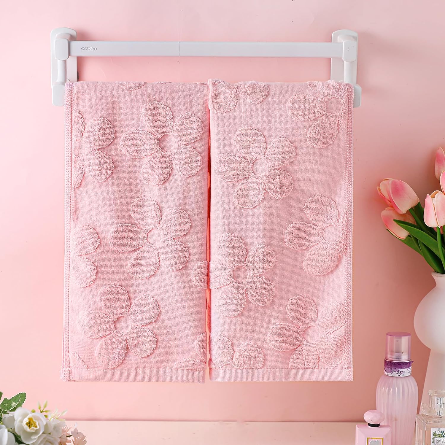 2 Pcs Pink Floral Hand Towels for Bathroom Cute Flowers Hand Towels 100% Cotton Absorbent Decorative Jacquard Weave Bath Decor Bathroom Decor Gift, 13. 7 x 29. 5 Inch - Image 4