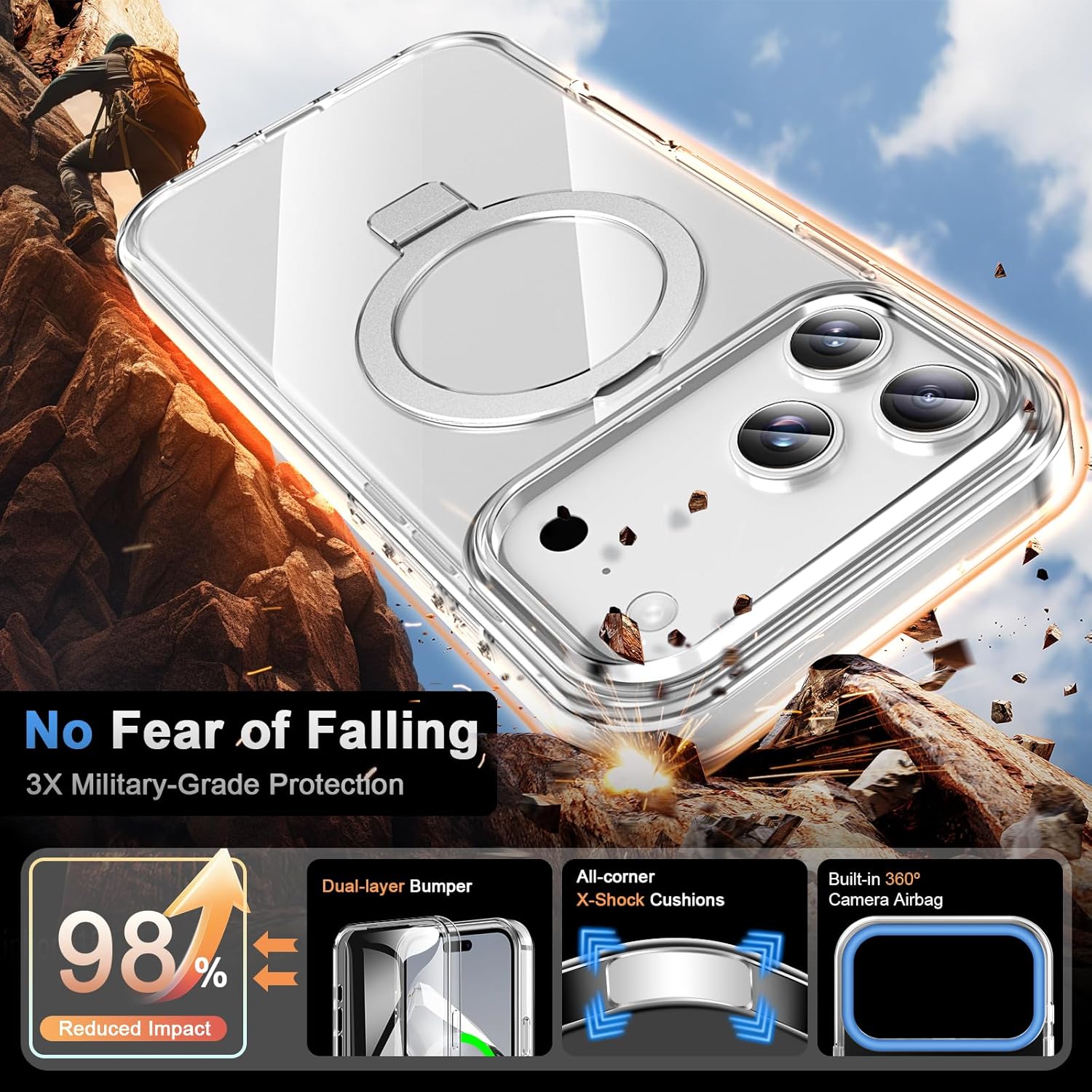 for iPhone 17 Pro Max Full Body Shockproof Case with Magnetic Invisible Stand [Compatible with MagSafe] Built-in Screen Protector Military Drop Protection Translucent iPhone Cover -Clear