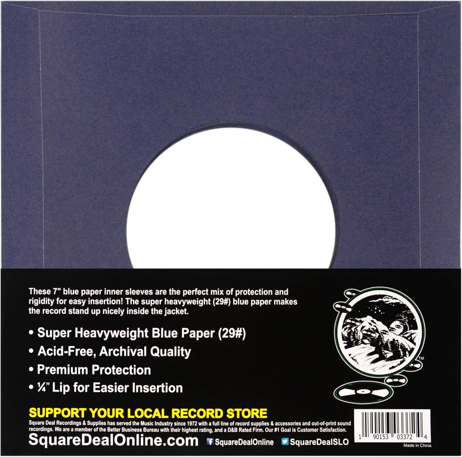 (1000) 7" 45rpm Blue Vinyl Record Inner Sleeves - Archival Quality, Super Heavyweight 29# Paper with Hole - 07IWBL