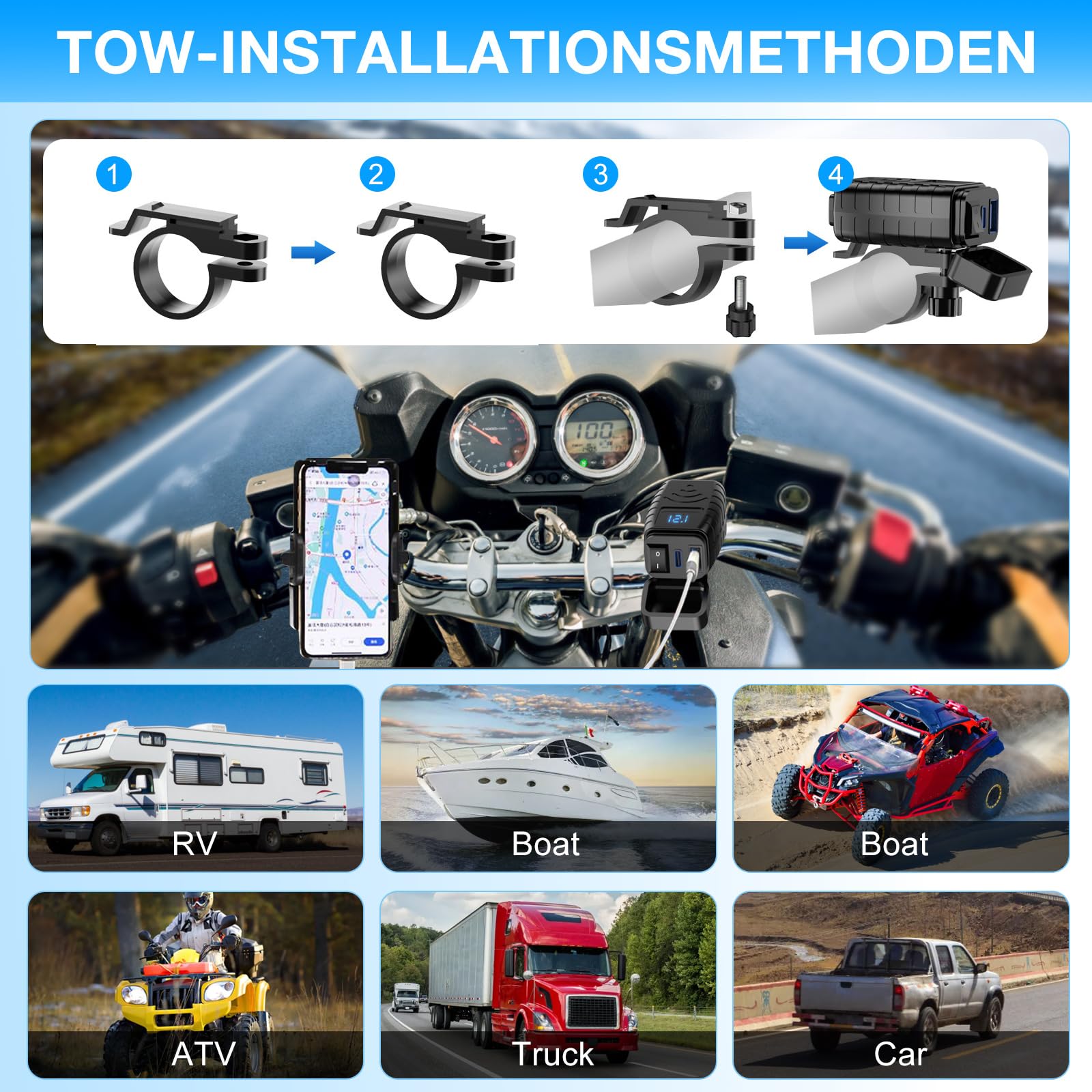Presa usb 12V per Moto Impermeabile, Tipo C e Caricabatterie con Interruttore On/Off e Misuratore di Tensione LED, SAE Quick Charge 3.0 per Camper Moto 12V~24V (Tipo C + USB-A)