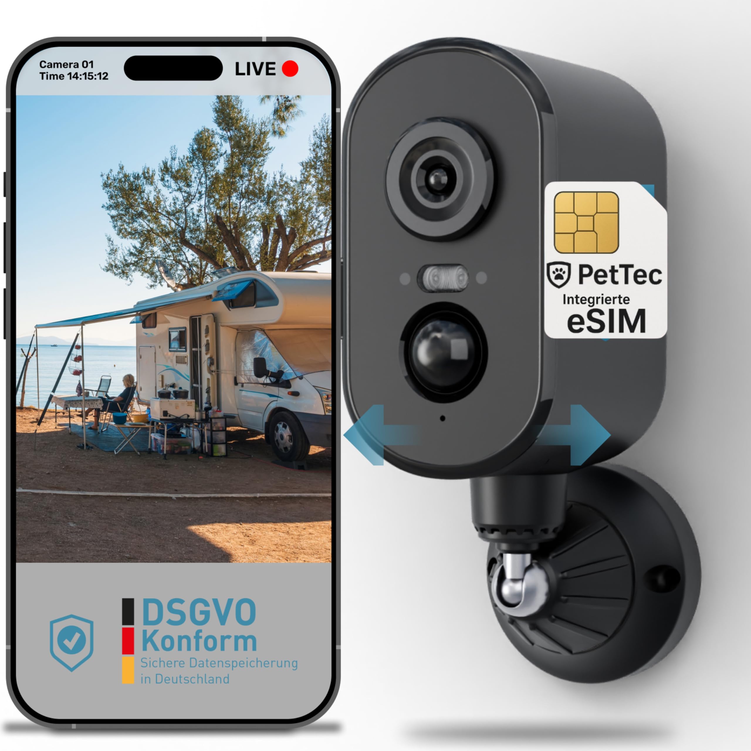 PetTec Cam Free 4G Überwachungskamera [4G/LTE OHNE WLAN] mit Akku & Schwenk Funktion - Outdoorkamera 3MP Ultravision, Bewegungserkennung, 15m Nachtsicht IP65 Flutlicht Sirene, Rückfahrkamera