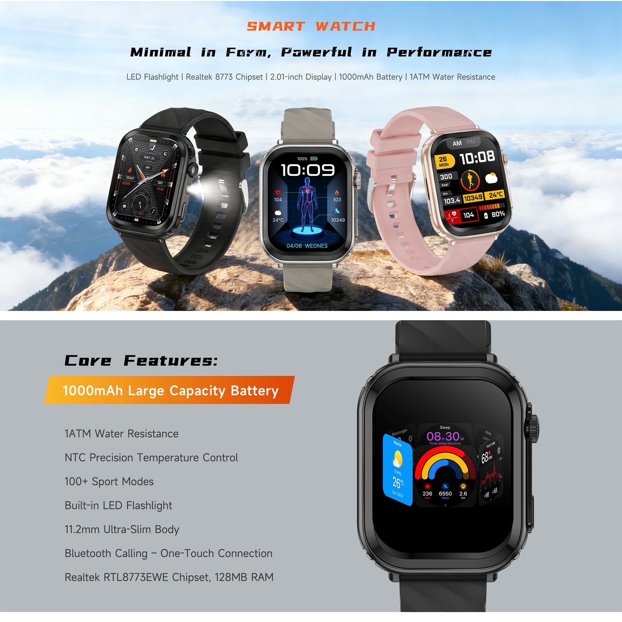 Reloj Inteligente Mujer con Llamadas, 2,01 Pulgada Smartwatch Hombre Deportivo con Podometro Pulsometro SpO2 Sueño Presion Arterial Actividad 1ATM Reloj Digital para iOS Android (Rosa)