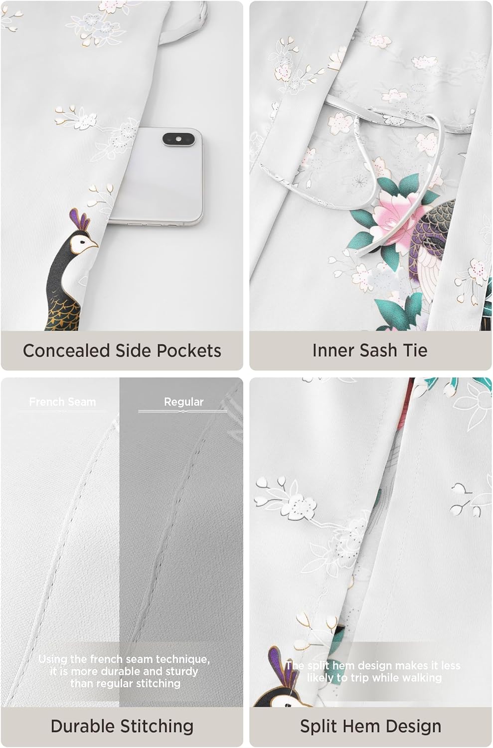 BABEYOND Women's Kimono Robe Long Satin Robes with Peacock and Blossoms Printed Kimono Nightgown - Image 5