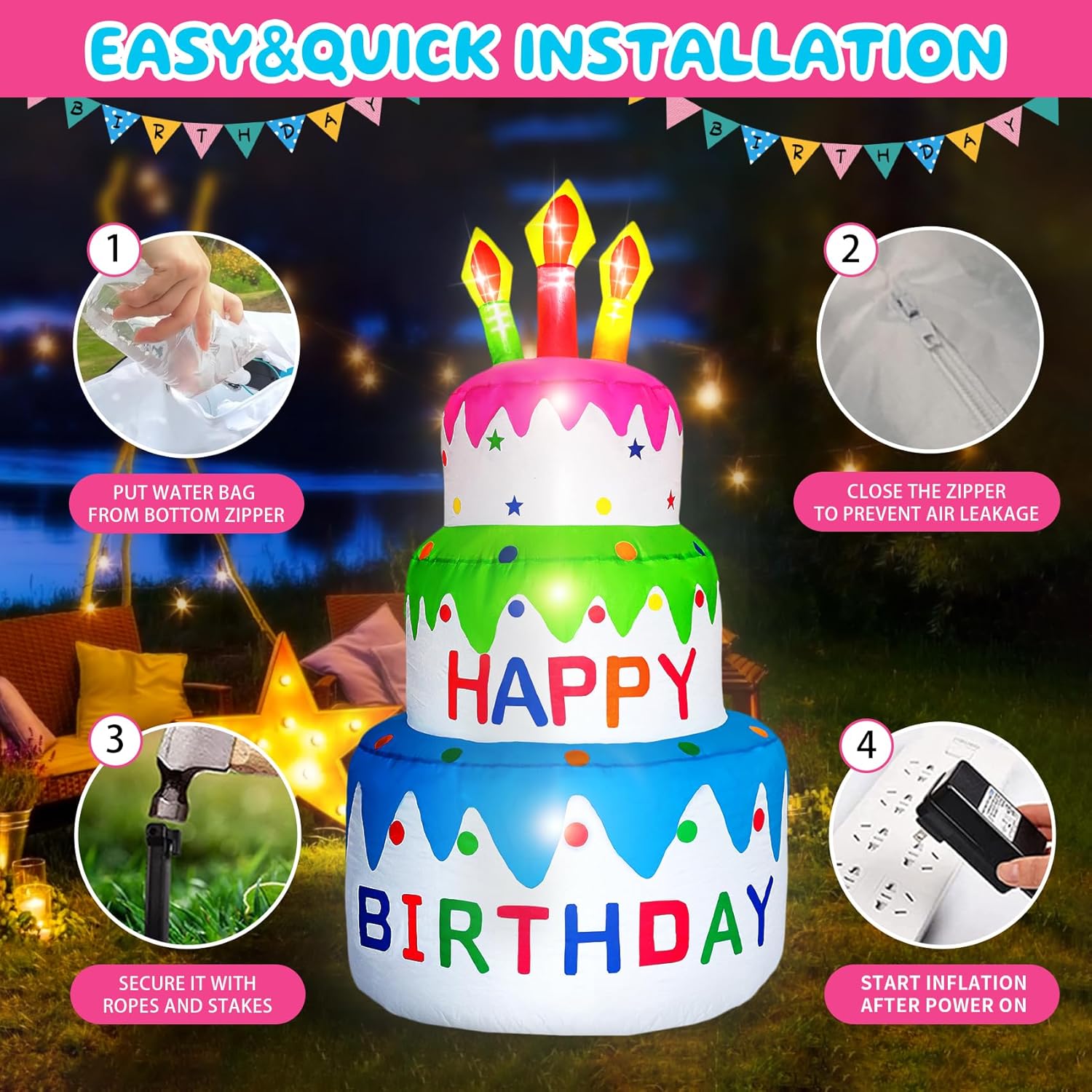 DearSun 5FT H Inflatable Happy Birthday Cake Indoor Outdoor Decoration with Candles Lighted, Blow Up Holiday Birthday Party Decor Inflatable Cake with Build-in LED Lights