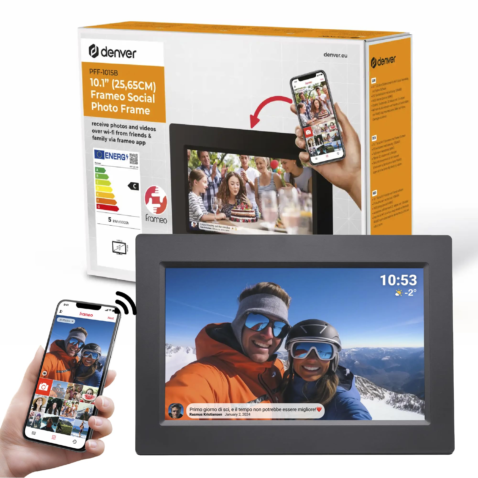 Cornice Digitale 10 Pollici WiFi – Schermo IPS HD 1280x800 – Portafoto Digitale Frameo Denver per Foto e Video – Cornice Elettronica Touchscreen Smart – 16GB Memoria – Slot microSD – Nera
