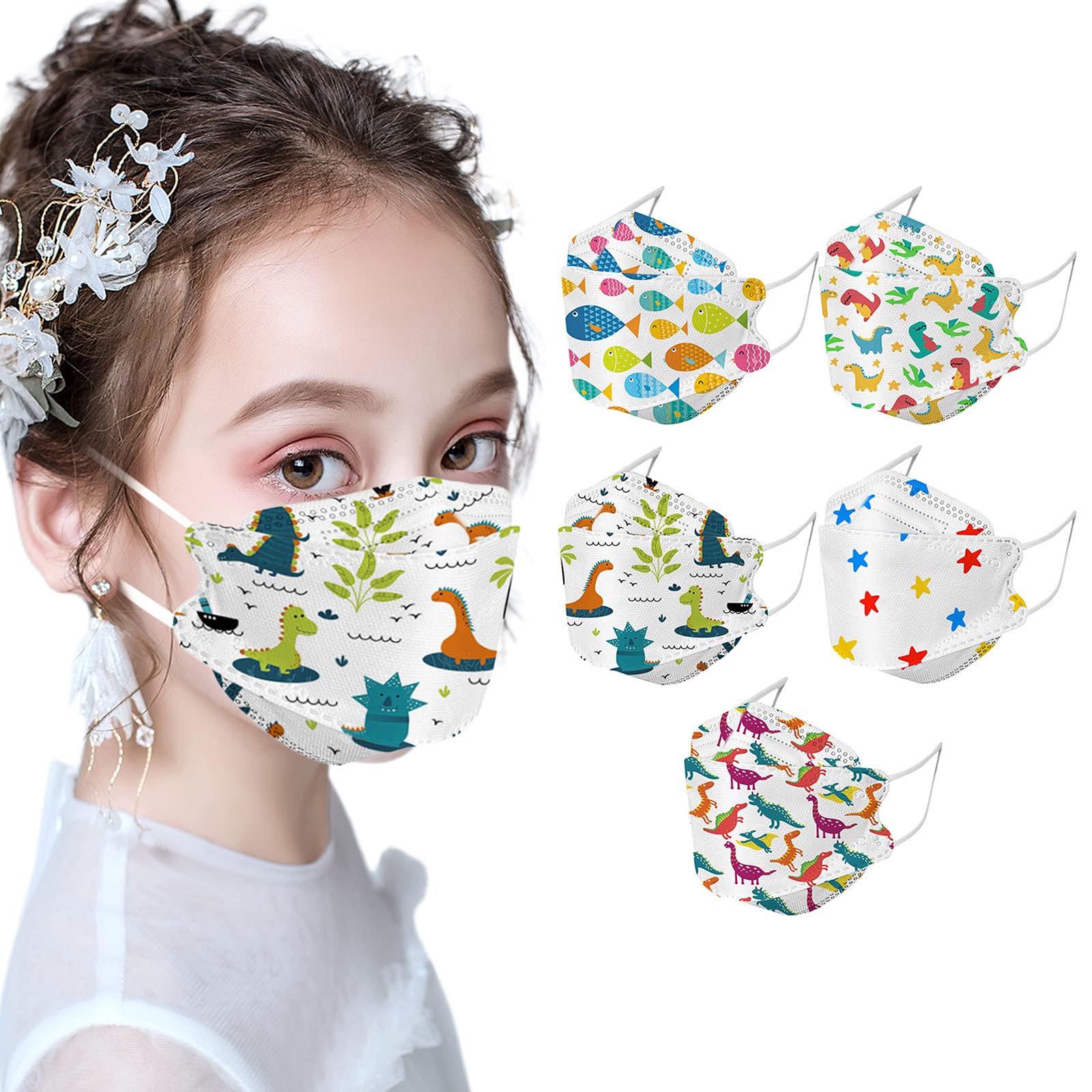 50Pc Kids Four-Layer Dinosaur Facemasks Disposable,Children's Fish Shape Disposable Face_Masks with Cute Design,4 Layer Super Select Face_masks for Boys and Girls Outdoor Holiday