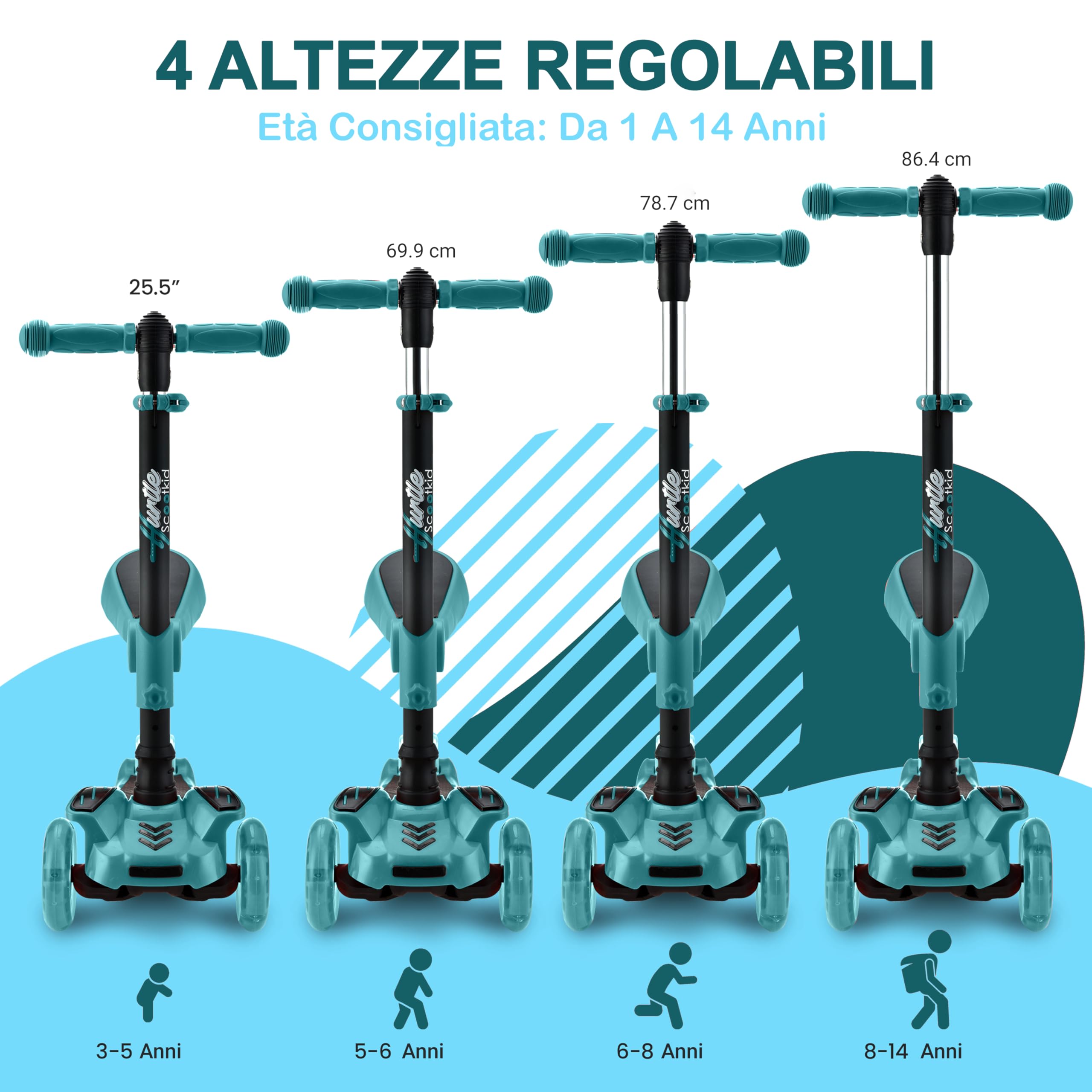 Hurtle Monopattino Bambino, Monopattino Bambina, Monopattino a 3 Ruote, Regolabile in Altezza con Sedile Pieghevole, Scooter per Bambini e Bambine con Ruote LED Multicolore, Dai 1 ai 14 Anni