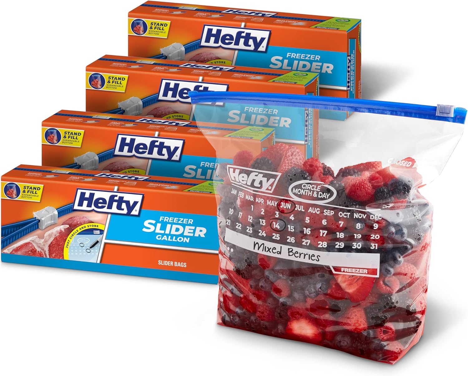 Hefty Calendar Slider Gallon Freezer Bags - Date Labels, Freezer Burn Protection, Stand & Fill Bottoms, 100 Count (4x25 Packs)