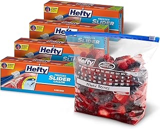 Hefty Calendar Slider Gallon Freezer Bags, 1 Gallon Size Slider Bags with Stand and Fill Expandable Bottoms, Helps Prevent Freezer Burn, 25 Count (Pack of 4)