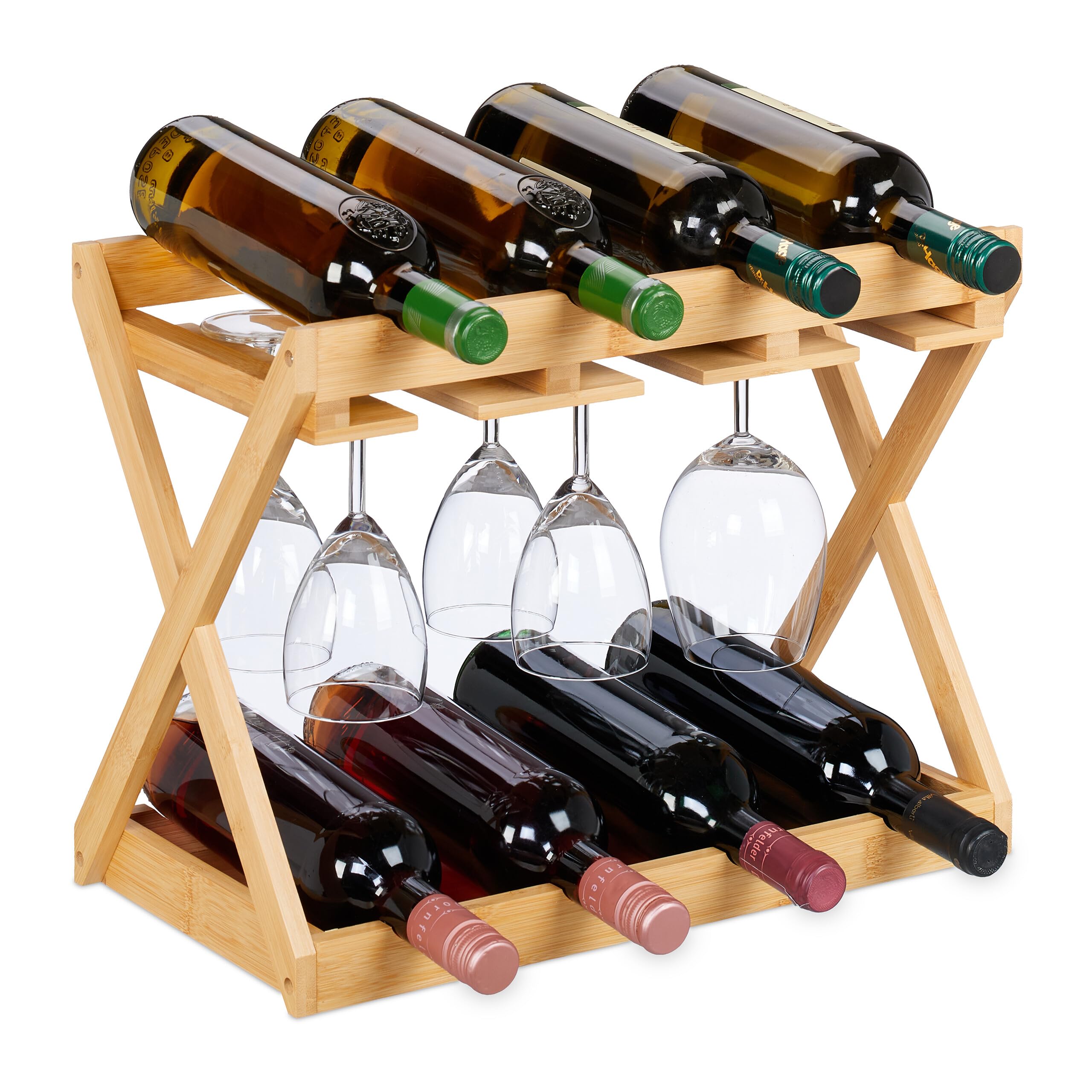 Relaxdays Wine Rack Holder, for 8 Bottles & 6 Glasses, Bamboo, HxWxD: 35 x 45 x 23 cm, Bar Storage, Natural, Fibreboard
