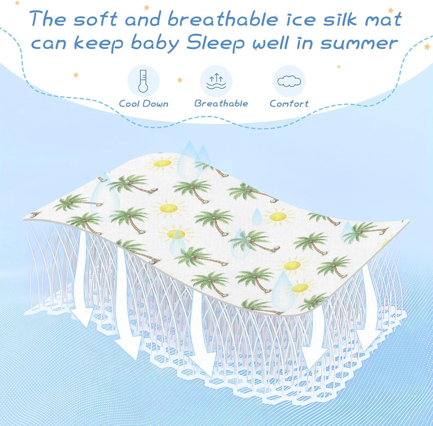 Baby Cooling Mat Palm Trees Ice Silk Breathable Mesh Summer Crib Mattress Pad with Pillowcase, Soft Cooling Sleeping Surface for Infant & Toddler, 52"x28"